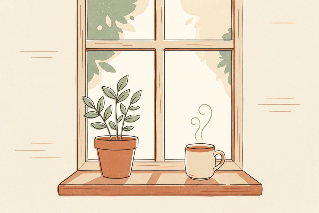 A calm illustration of a sunny windowsill with a leafy plant and a warm mug of tea