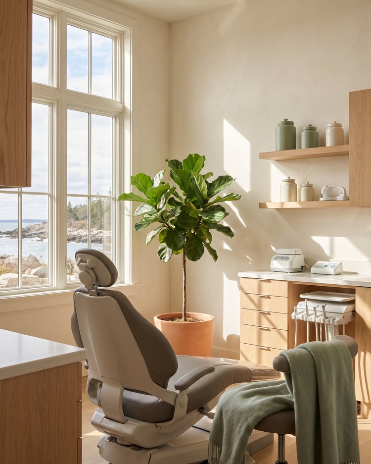 A bright treatment room with a sunny window and a potted plant at Acadia Family Dentistry