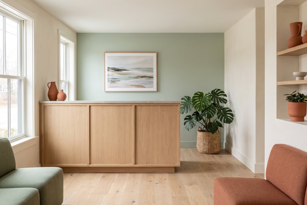 The warm front desk and reception area at Acadia Family Dentistry