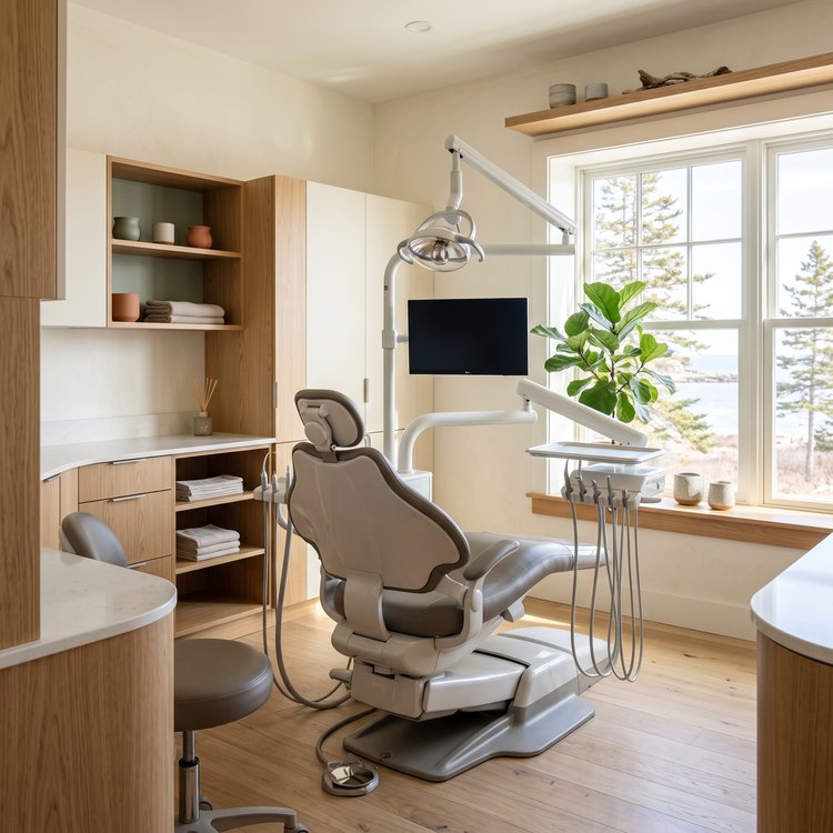 A bright treatment room with a window at Acadia Family Dentistry