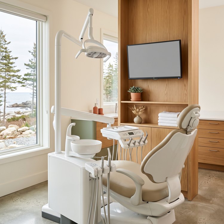A treatment room with modern dental equipment at Acadia Family Dentistry